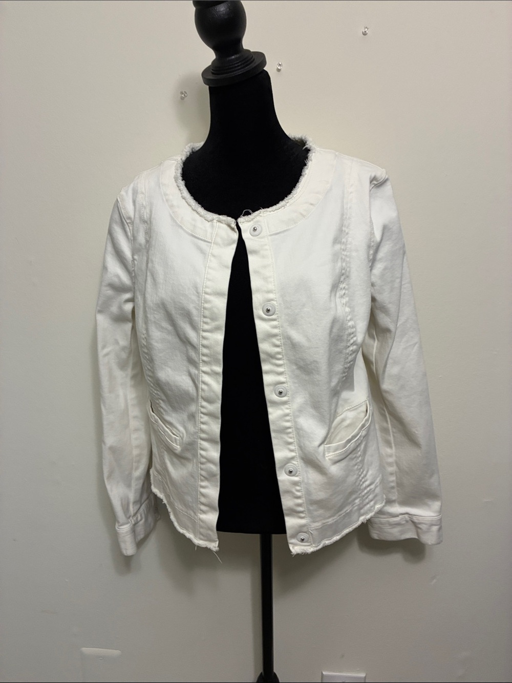 CAbi White Collarless Button Jacket. Castaway Denim Jacket (Style #5479).